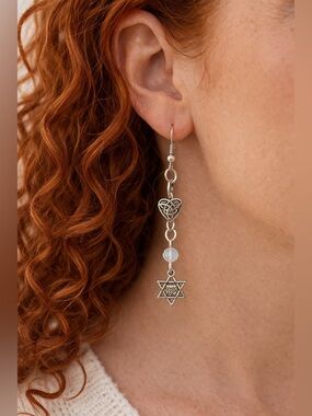 Delicate Heart & Star of David Drop Earrings | Silver Tone | Dainty & Spiritual